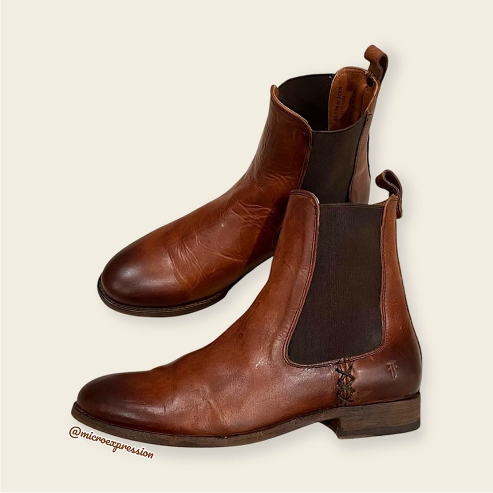 Frye Melissa Chelsea Cognac Brown Leather Comfy Low Heel Casual Short Ankle Boot - Picture 13 of 16
